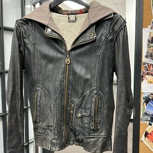 Doma  distressed leather jacket w/ sweat hood and faux sweat under opening